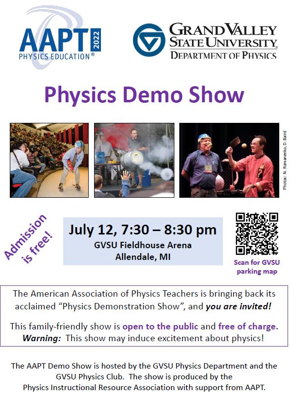 Flyer for July 12 free Physics Demo event in the Fieldhouse, 7:30 p.m.